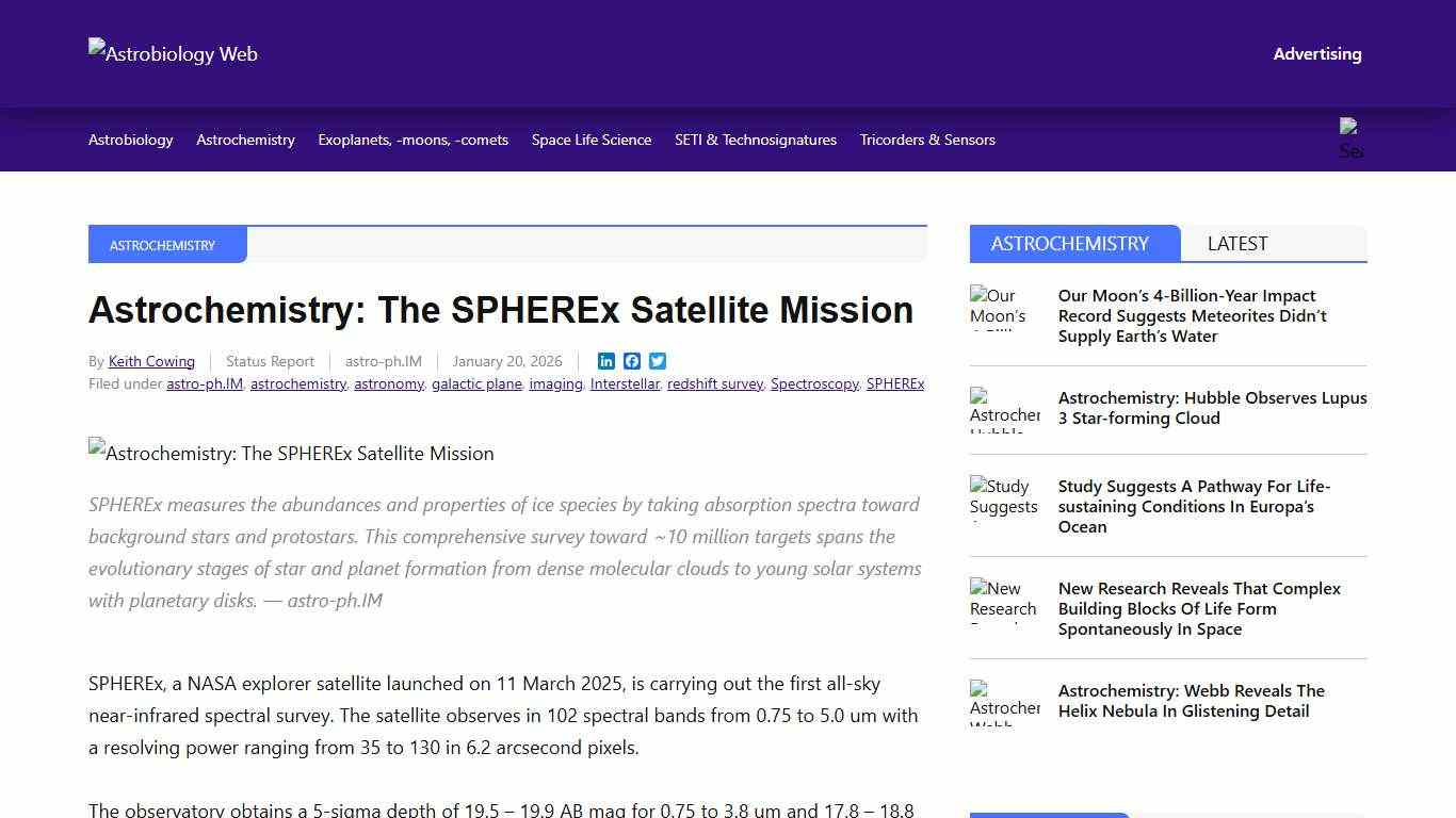 Astrochemistry: The SPHEREx Satellite Mission - Astrobiology